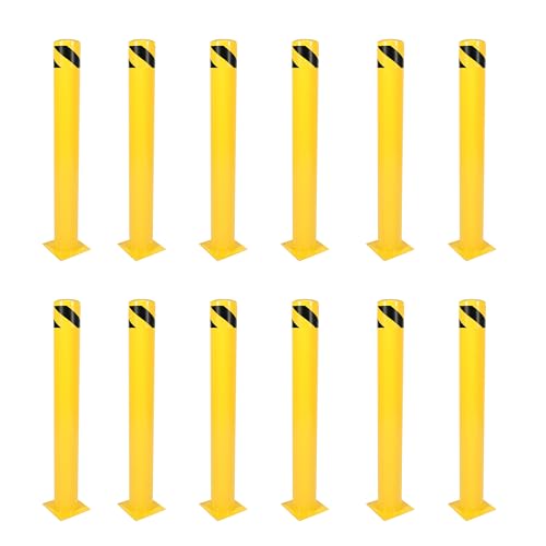 Kojem 12 Set 42 inch Steel Safety Bollard Parking Barrier Post Safety Bollard Universal for Outdoor Sidewalks Entrances Parking Lots Yellow Powder Coated Pipe Steel Bolts 42