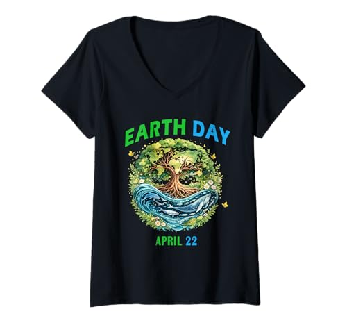 Women's Earth Day 2026 Environment Planet Ocean Floral V-Neck T-Shirt
