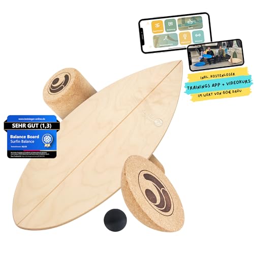 Surfin Balance Board - einzigartiges Board inkl. Rolle Halbkugel und Balance Ball - Surf Balance Board - Gleichgewichtstraining - Balance Board Kinder - Balance Board Holz