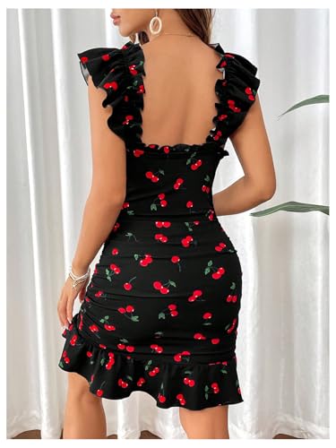 Image of MakeMeChic Women's Cherry Print Ruffle Sleeve Bodycon Dress