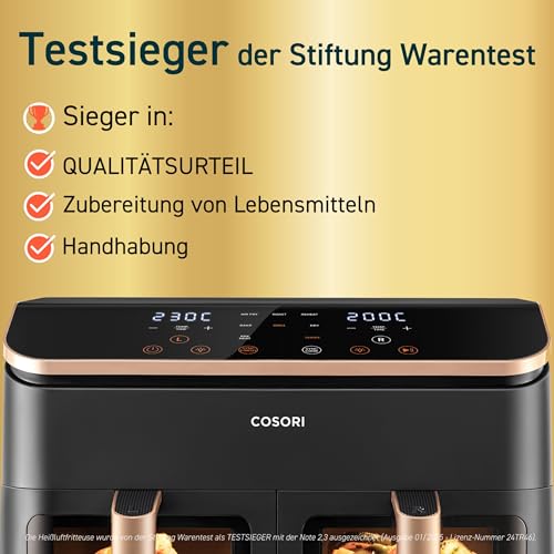 COSORI Heißluftfritteuse 2 Kammern, Testsieger der Stiftung Warentest, 6-in-1 Dual Zone Airfryer 8,5 L, Doppelkammer mit Sichtfenster für vollständige Mahlzeit, Gold – Bild 3