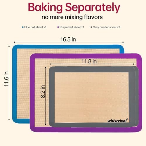 4 Pack Silicone Baking Mat, Non-Stick Silicone Baking Sheet, Food Safe Silicone Mats for Baking, 480℉ Heat Resistant, 2 Half & 2 Quarter (Purple, Blue, Grey) - Thumbnail 5