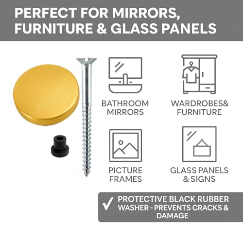 Pack of 4 x 50mm Zinc Mirror Screws with Rubber Washers – 20mm Brushed Brass Flat Decorative Caps, Waterproof & Rust-Proof