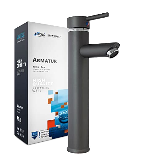 Focus Sanitar Einhebel-Waschtischmischer Wasserhahn Bad Hoch Mischbatterie für Badarmatur Waschtischarmatur Armatur Waschbeckenarmatur Waschbecken Einhebelmischer Waschtisch GRAU, 6003048 Cover