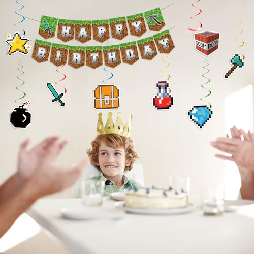 Image of Pixel Style Happy Birthday Party Banner Decorations, Mining Adventure Theme Party Banner, Cartoon Birthday Party Decorations Supplies