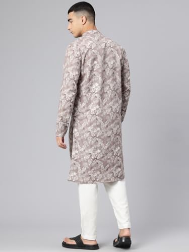Image of Majestic Man Men's Regular Fit Ethnic Motifs Printed Pure Cotton Long Kurta with Mandarin Collar & Full Sleeves