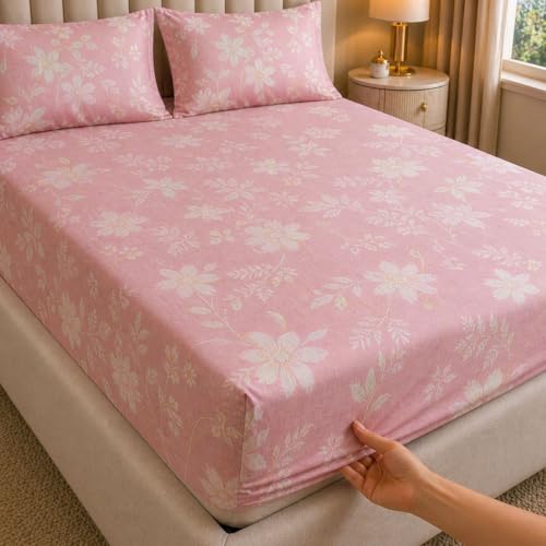 Image of Castiqa Elastic Fitted Supersoft Premium Polycotton 200TC Double Bedsheets King Size 78x72 Inch with 2 Pillow Covers (Fits Upto Mattress of 8Inches) (Multicolor)