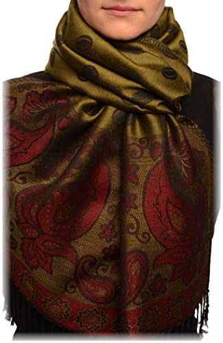 Écharpe vert olive à motifs cachemire 70x180cm | Pashmina Feel