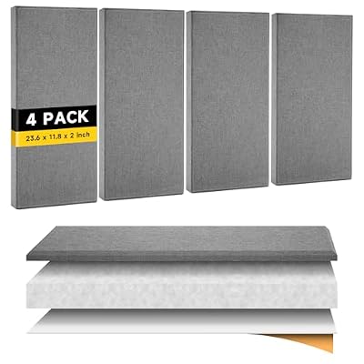 4 PCS 2" Thick Acoustic Panels, 23.6" x 11.8", Fiberglass Sound Absorbing Panels, Fabric Wrapped Soundproof Wall Panels, Noise Dampening for Studio, Home Office, Home Theater (Grey)