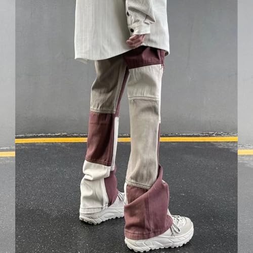 Patchwork Jeans for Men Color Block Straight Leg Vintage Denim Pants White and Brown Streetwear Frayed Style4