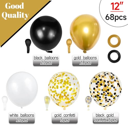 Image of 68Pcs Black White Gold Balloons with 12 Inch Black Gold Confetti Balloons for Graduation Birthday Wedding Party Decorations