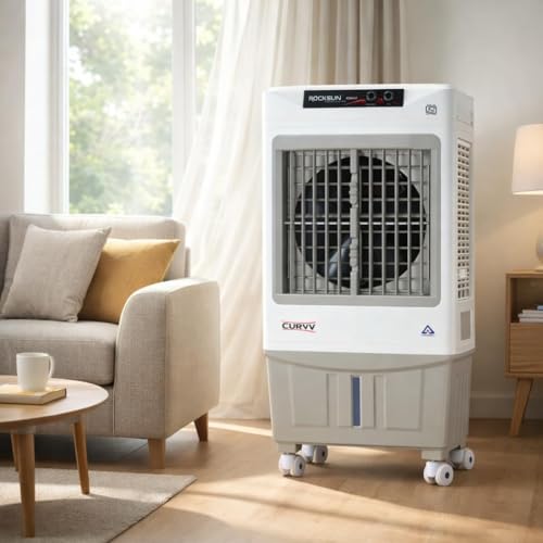 Image of Rocksun Curvv Desert Air Cooler with Honeycomb Pads, 16-Inch Fan, 4000 m /hr Airflow, Auto Swing Louvres, 3-Side Cooling, Powerful 200W Desert Air Cooler for Home & Office (Curvv 60)