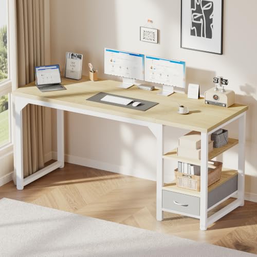 Image of Mericonia 48 in Computer Desk with Drawer, 1 inch Thick Reversible Office Desk | Modern Writing Table with Storage Shelves, Heavy Duty Industrial Study Desk for Home Bedroom Work