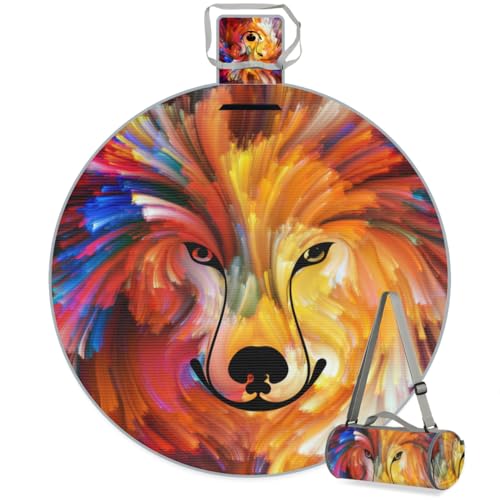 Shimoshe Watercolor Wolf Picnic Outdoor Blanket Foldable Waterproof Sandproof Beach Blanket Portable Water-Resistant Round Picnic Mat for Travel Camping Park Lawn