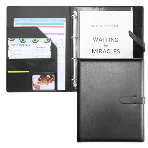 A4 Portfolio Folder with Ring Binder, Document Folder with 45 Plastic Sleeves Faux Leather Conference Folder for Business Organizer Interview and Meeting (Black)