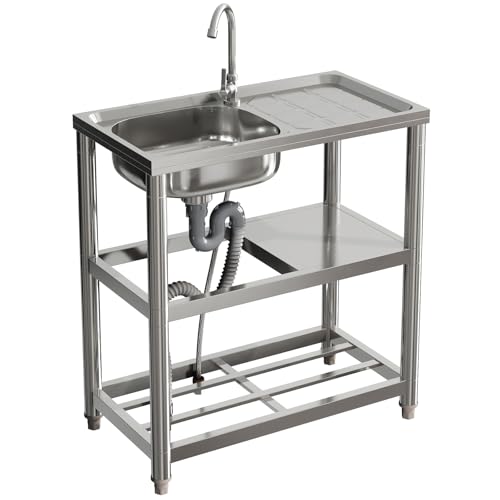 Warmiehomy Kitchen Sink Unit 3 Tier Free Standing Sink with Storage Shelf Stainless Steel Single Bowl Commercial Sinks Outdoor Camping Washbasin with Drainer Kit, 75x40x80cm