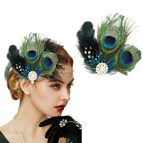 Peacock Feather Hair Clip Fascinator Cristales Horquilla Vintage para Disfraz de los años 1920 Cosplay Fiesta (Verde 1)