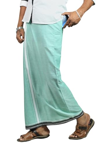 Image of PRAKASAM COTTON Velcro Pocket Dhoti | Thalapathi Border Readymade Cotton Kerala Mundu for Men