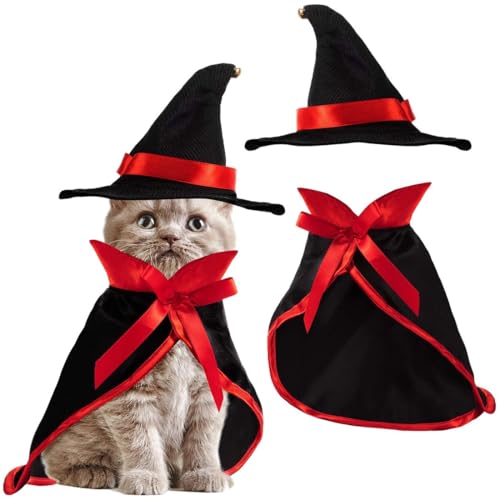 KUMSODE 2 Piezas Capa de Disfraz para Perro y Gato de Halloween, Conjunto de Disfraz de Halloween para Mascotas, Disfraz de Vampiro para Mascotas, Capa y Sombrero de Halloween para Mascotas