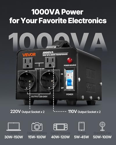 Image of VEVOR Voltage Converter Transformer, 1000VA, Heavy Duty Step Up /Down Power Transformer, Convert from 110V to 220V and 220V to 110V, with EU Outlets, US Outlets, Power Cord, Circuit Breaker Protection