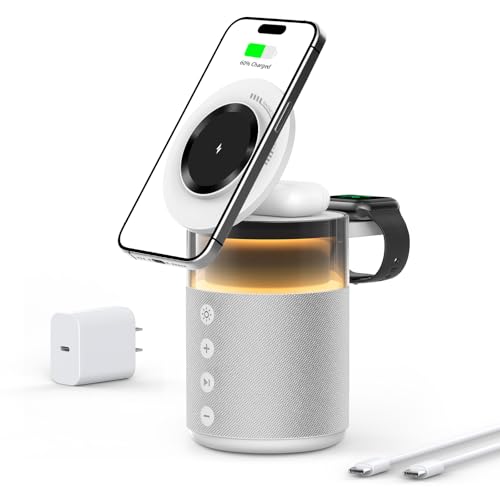 5-in-1 Wireless Charging Station with Bluetooth Speaker,Magnetic Charger with Night Light,Charger Stand with 33W Adapter Compatible with iWatch iPhone 17 16 15 14 13 12 Pro Max Wireless Earbuds White