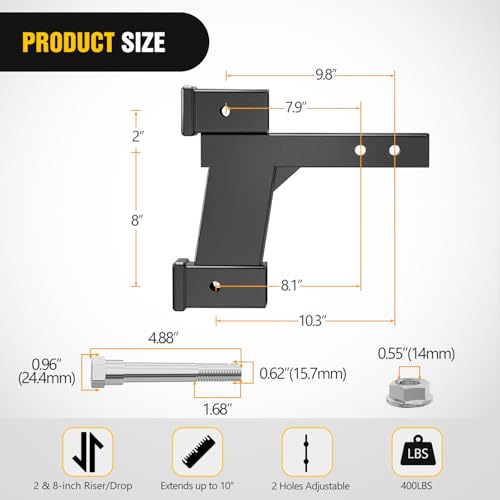 Image of Nilight Trailer Hitch Extension Riser for 2 Inch Receiver with 2 and 8Inch Rise or Drop with Bolt Nut Clip 10,000 lbs Capacity Adjustable Extend 8 inch 10 inch Length Black Coated for Class I-VI Receivers