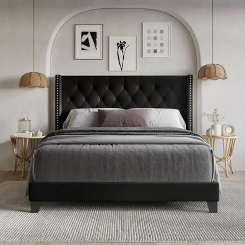 Image of Custom Decor Fabric Upholstered King Size Bed with Button Tufted Headboard for Bedroom || Solid Wood Bed | (Black Waylen, King (U.K. Standard))