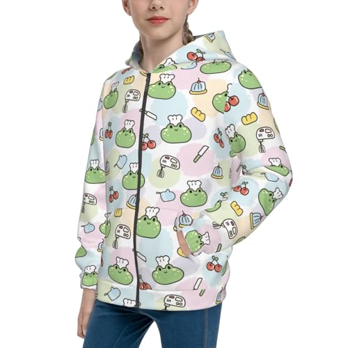 Cute Face Frog Wear Chef Hat Kids Pullover Hoodies Boys Zip Up Sweatshirts Girls Athletic Clothes with Pocket