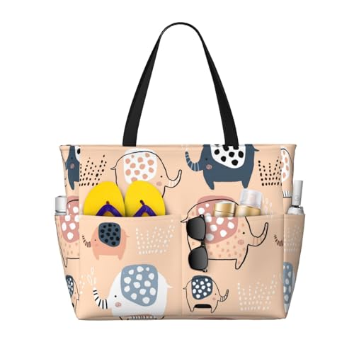 Cute Ink Drawn Elephants Print Large Beach Tote Bag for Women Extra Large Capacity Sandproof Waterproof Pool Bag Suitable for Swimming Pool Gym Groceries Travel