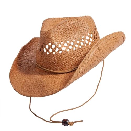 American Hat Makers Carly Medium Straw Cowboy Hat for Men & Women | Lightweight Raffia Toyo Straw, Classic Western Style, Wrap Band, and Chin Cord with Wood Bead | Breathable, Stylish Sun Protection