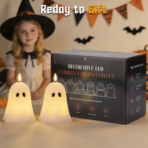 Image of Ghost Flameless Candles with Remote Timer, Spooky Halloween Decor For Home | Flickering Battery Operated LED Candles, Real Wax, Hand Painted, Table Fireplace Mantel Party Festival Decoration Gift, 2Pack