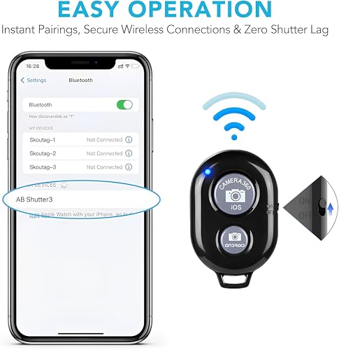 Image of skysia Bluetooth Remote for Mobile Wireless Camera Shutter Button | Photo Clicker Remote for Selfie Stick, Tripod & Vlogging | Compatible with iPhone, Android Smartphones & Tablets, Black (Pack of 2)