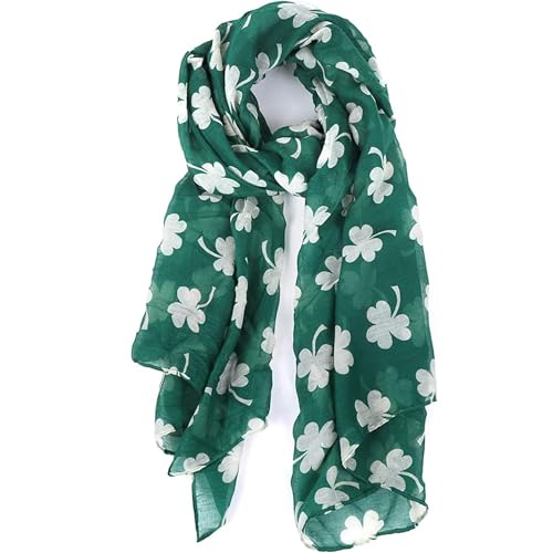 EVECILOO St. Patrick's Day Shamrock Scarf Irish Clover Scarf White Green Scarf Shamrock Patterns Satin Scarf (B)