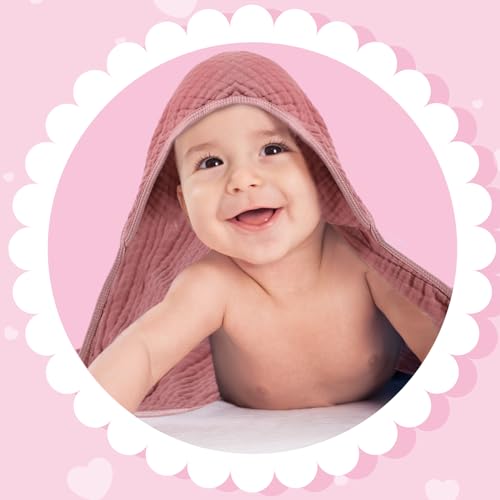 Image of Peryiter 6 Pcs Muslin Hooded Baby Towels, 32 inchx 32 inch Cotton Newborn Bath Towel Muslin Infant Baby Blankets Absorbent Unisex Newborn Registry Gift Essentials for Girls Boys (Red)