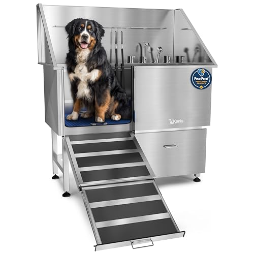 KANIS Professional Dog Washing Station - 304 Stainless Steel Pet Wash Sink & Grooming Bathtub w/Shower, Floor Grates and Storage for Large, Medium & Small Pets (50', 1 Drawer - Left Ramp)