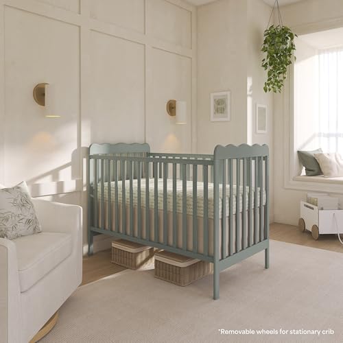 Image of Dream On Me Carson Classic 3-in-1 Convertible Full-Size Baby Crib in Meadow Green, GreenGuard Gold & BSA, 4 Mattress Heights, Converts to Day & Toddler Bed, Locking Wheels, Classic Nursery Design
