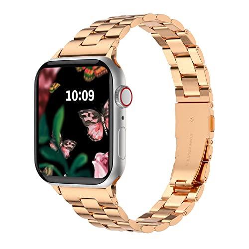 Fitlink Ultra-Slim Brushed Stainless Steel Apple Watch Band, for 38/40/41/42/44/45/49mm iWatch Series 10 All Series/SE/Ultra 2 with Butterfly Buckle(Silver+Rose, 42/44/45/49mm) - image 1