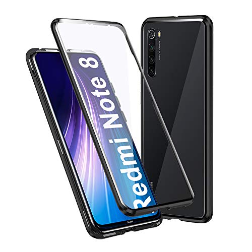Ellmi Coque Magnétique pour Xiaomi Redmi Note 8, Coque Intégrale Double Face 360 Protection en Verre Trempé avec Cadre Métallique, Etui Complète Entière pour Redmi Note 8, Noir Cover