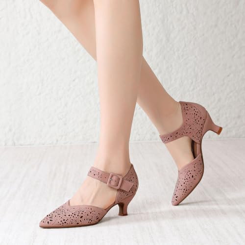 Image of RIBONGZ Comfortable Kitten Heels for Women Pointed Closed Toe Ankle Strap Buckle Heels Slip on Low Heel Church Pumps Wedding Bridal Party Dressy Shoes