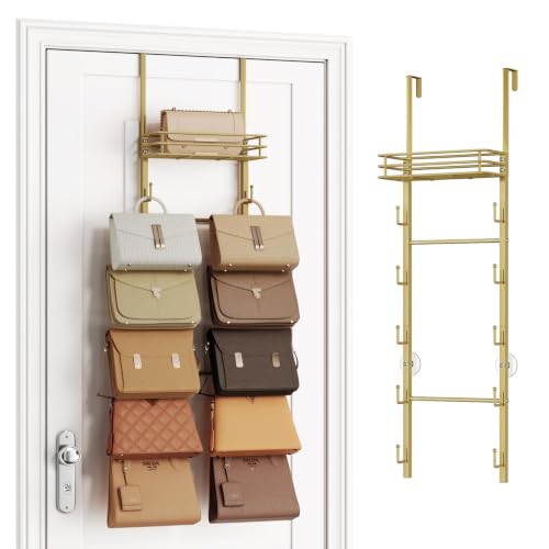 SWTYMIKI Over the Door Purse Organizer - Wall Mounted Handbag Organizer with 10 Hooks and Metal Basket, Hanging Purse Storage Rack Holds up to 10 Bags, Bag Rack Can Use As 1/2 Part, for Door, Closet