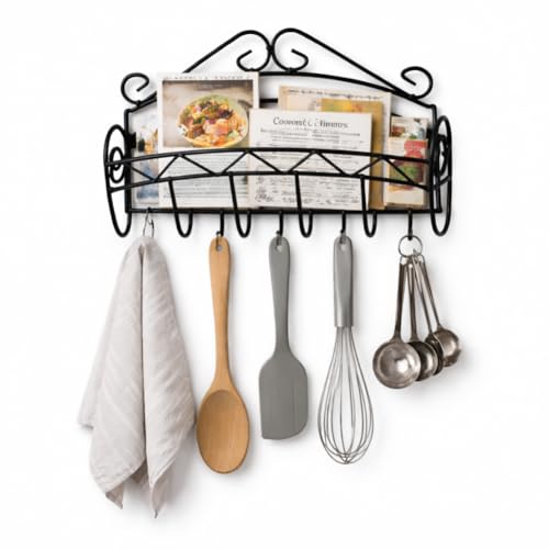 Wall Mounted Kitchen Organizer with Basket and 5 Hooks, Wrought Iron Recipe & Utensil Holder, 11" x 7.75" Compact Wall Rack for Spatulas, Spoons & Cooking Tools – Dependable Industries Inc. Essentials
