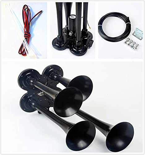 YIYDA Car horn Air loudspeaker Galvanized Chrome four-tube black Loud with solenoid valve Truck Alarm 165DB Electric set suitable for any 12V ship Lorry Vans etc, four