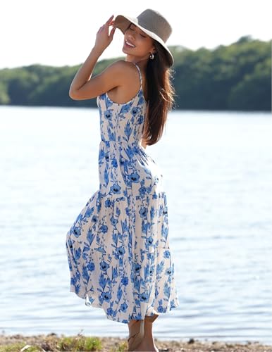 Image of Zeagoo Womens Summer Long Dress Adjustable Spaghetti Strap Floral Casual Dress with Pockets Flowy Tiered Beach Sundress