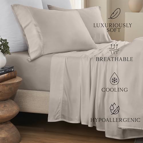 Image of KARISSA MAE 6 Piece Luxury Bamboo Viscose King Sheet Set, 4 Pillowcases | FSC Certified | Cooling | Ultra Soft | 18 inch Deep Pockets | Elastic Corner Straps | Includes Organizer Band [Dune]