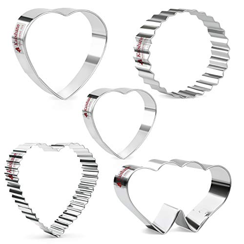 KAISHANE Valentine\'s Day Cookie Cutters Set 5 Pieces Heart Cookie Cutters Bisucit Cutter - Heart, Double Heart, Center of Circle & Wavy Heart Stainless Steel