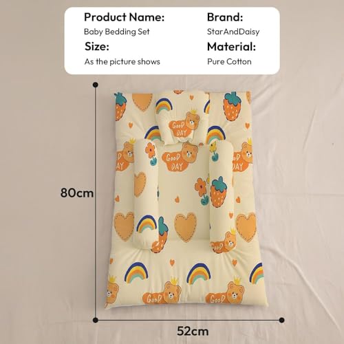 Image of StarAndDaisy Newborn Baby Nest 100% Cotton Cushioned Mattress Sheet with 2 Side Bolster Pillows & 1 Head Pillow Breathable & Soft Boys & Girl Design Rainbow Print