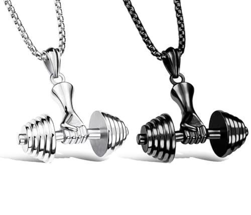 Kawailay 2 Stk Dumbbell Hantel Halskette Langhantel Anhänger Kette Rock Punk Hip Hop Kette Rapper Biker Cooles Halskette für Männer - Silber und Schwarz Kawailay 2 Stk Dumbbell Hantel Halskette Langhantel Anhänger Kette Rock Punk Hip Hop Kette Rapper Biker Cooles Halskette für Männer - Silber und Schwarz