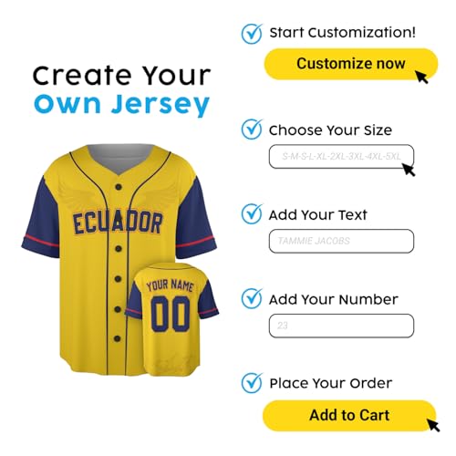 Custom Ecuador Baseball Jersey - Personalized Ecuador Pride Sport Name Number Shirts - Softball Uniform Gifts Men Women Kids miniatura 7