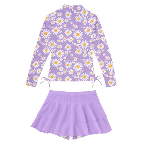Image of Vogseek 3-12T Girls Rash Guard 2 Pieces Bathing Suit Long Sleeve Swimsuit Swimming Skirt with Shorts Swimwear