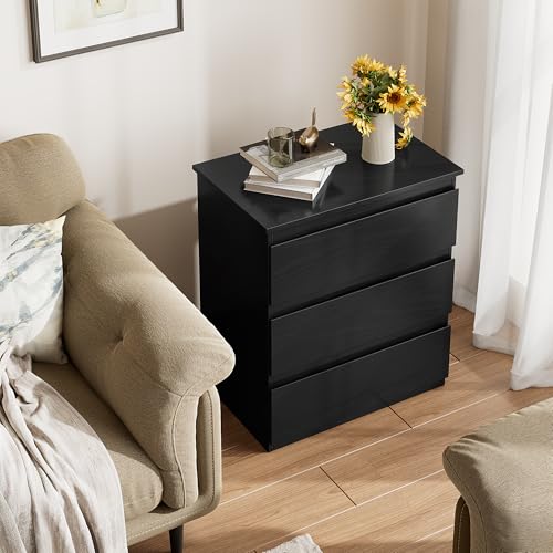 Image of Bamjoy Black Nightstand with 3 Drawers, Beside Table with Drawers for Bedroom, Small Side Table Storage Cabinet 3 Drawer Night Stand for Home Office, 18.0W x 14.0D x 24.8H Inches
